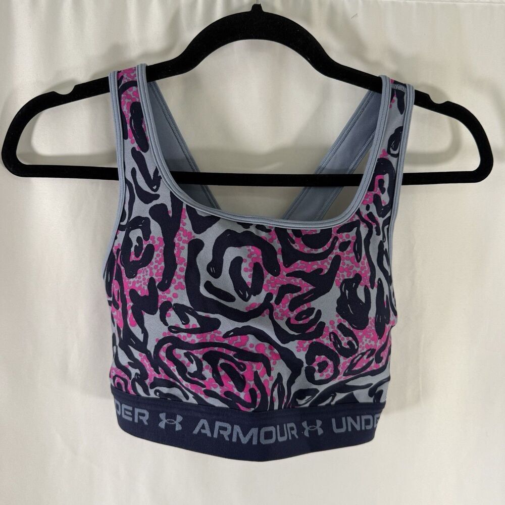 Under Armour Sports Bra Women's Large Blue Pink Floral Cross Back Padded